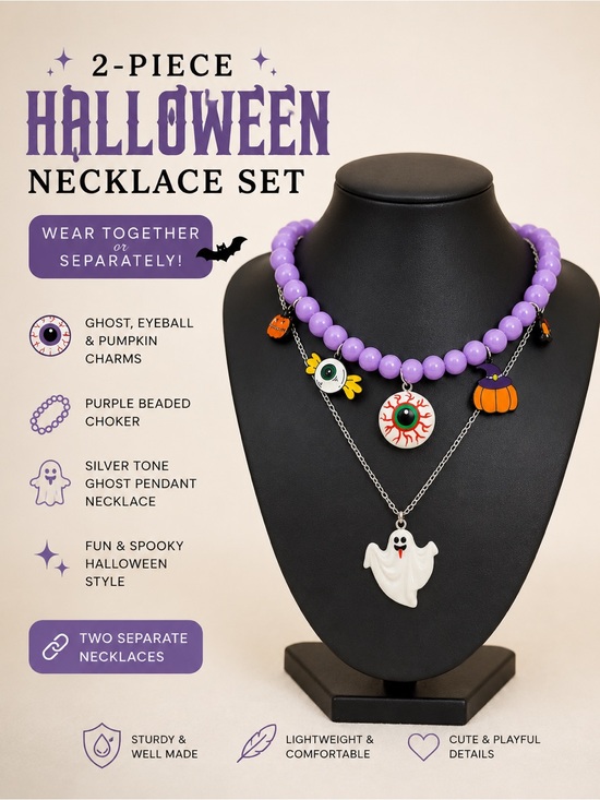 Unbranded Jewelry - Halloween Purple Beaded 2-Piece Necklace Set with Ghost & Eyeball Charms - New